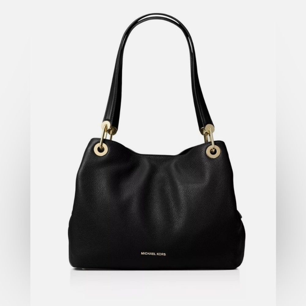 MICHAEL Kors Black Gold Raven Large Pebbled Leather Shoulder Tote Bag